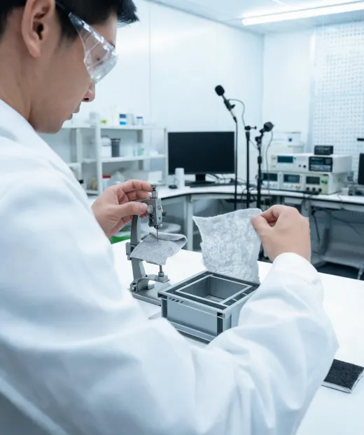 Acoustic engineer measuring non-woven specimen