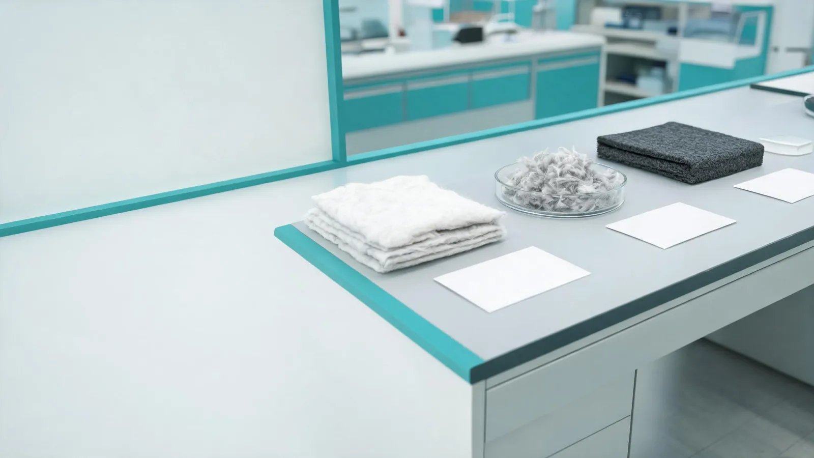 Layered insulation batting and automotive acoustic non-woven samples on a technical review bench