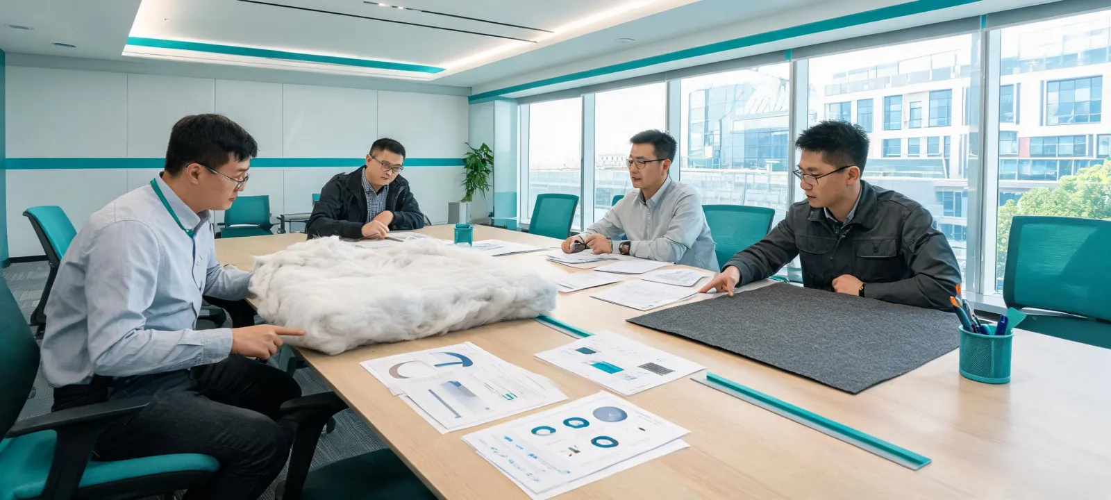 Technical team reviewing insulation material documents and specimens